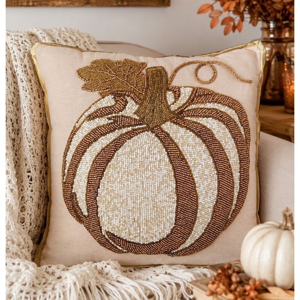 Beaded Pumpkin Fall Throw Pillow Accent Pier 1 Harvest Neutral Fall Decor 16x16"